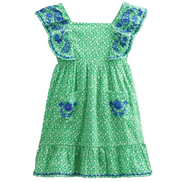 Mini Boden Embroidered Green Blue Floral Pinafore Dress Size 6-7Y